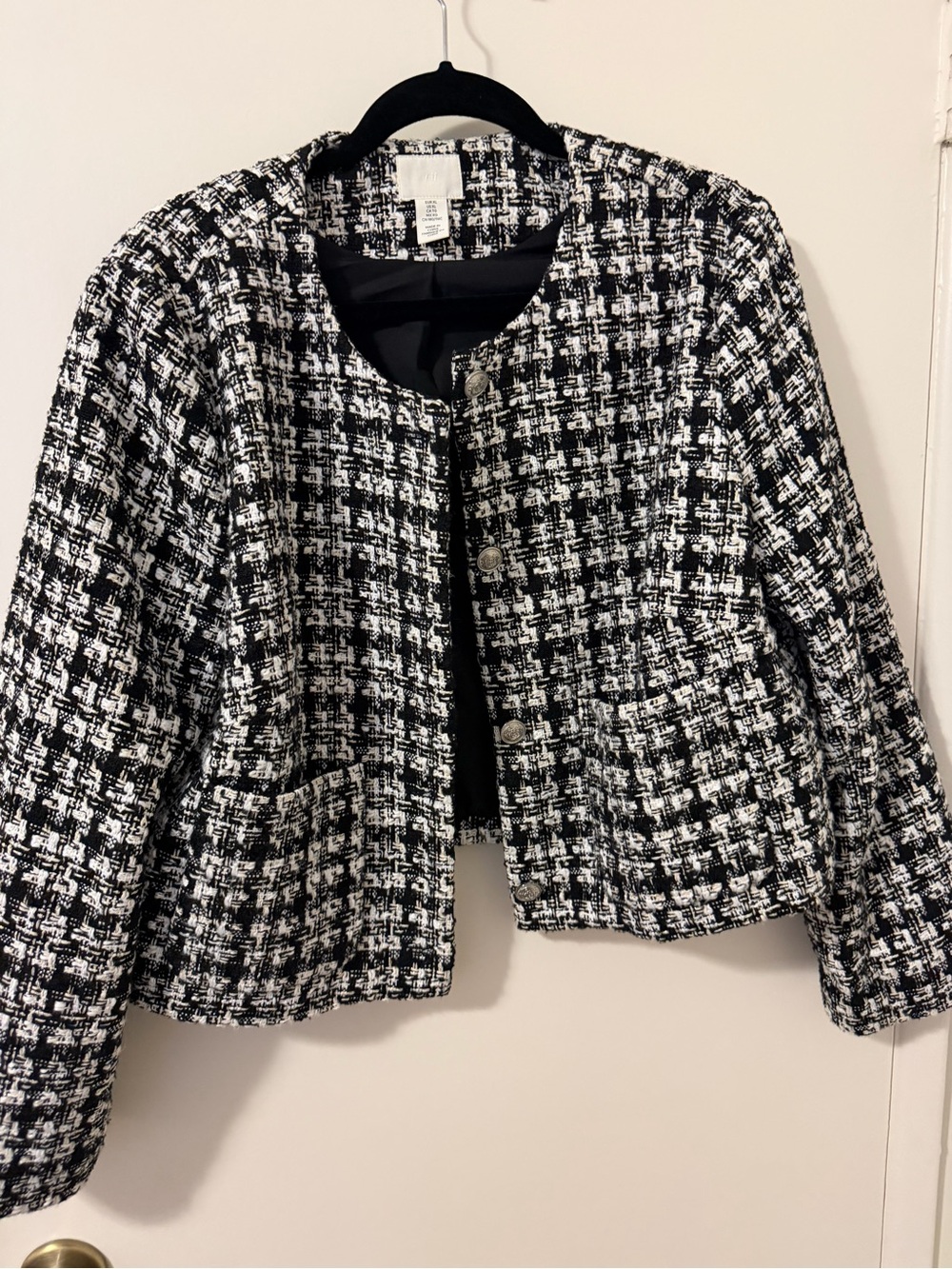 H & M Cropped Black & White Tweed Jacket - Classic Round Neck